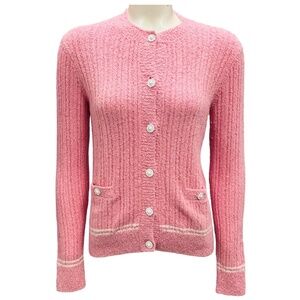 CHANEL PINK / WHITE KNIT CARDIGAN SWEATER